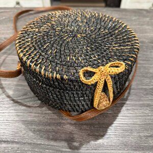 RATTAN Purse BOHO Black Tan Woven Round Circle